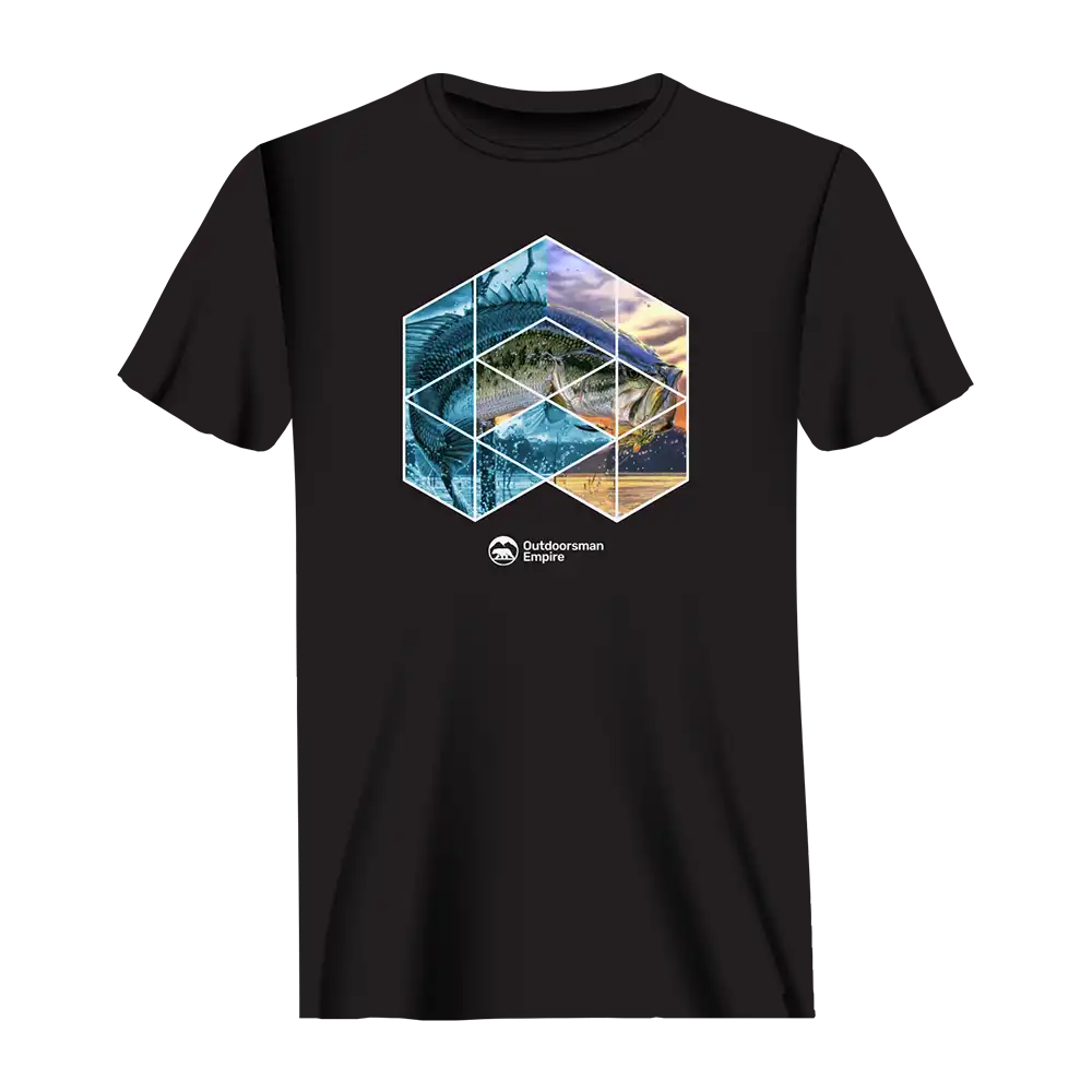 Men's fishing-geometry graphic t-shirt laid flat on a neutral background