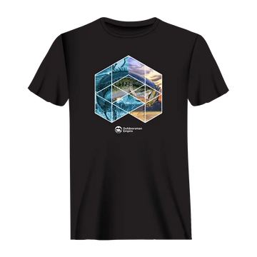 Men's fishing-geometry graphic t-shirt laid flat on a neutral background