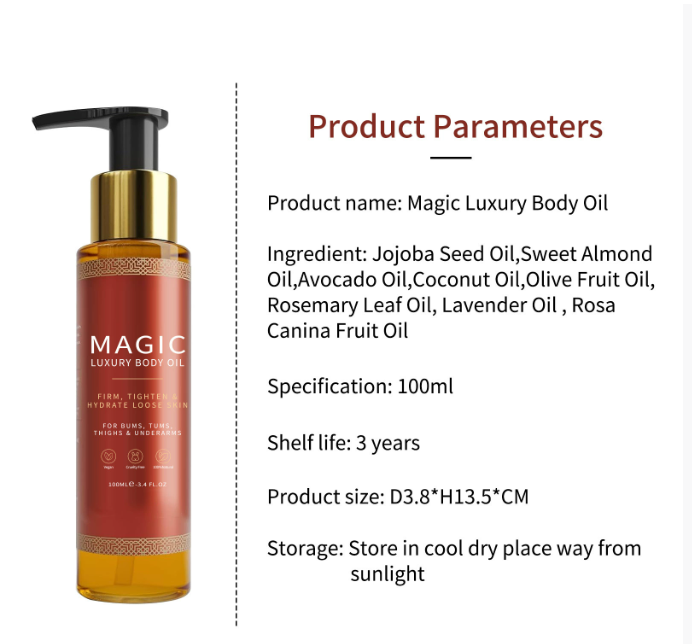 Glass bottle of body oil with a dropper beside moisturized skin