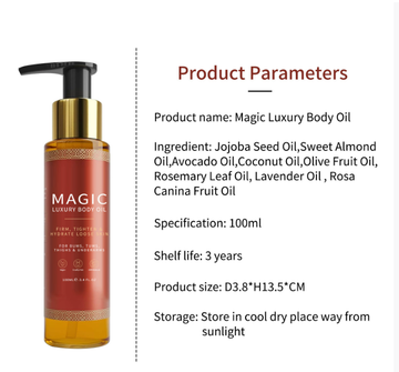 Glass bottle of body oil with a dropper beside moisturized skin