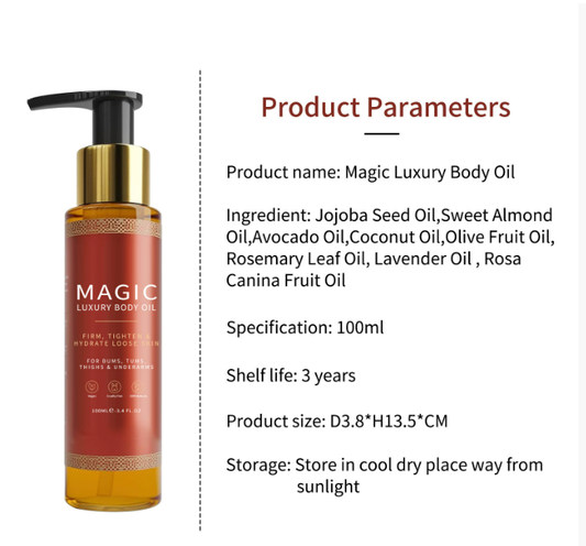 Glass bottle of body oil with a dropper beside moisturized skin