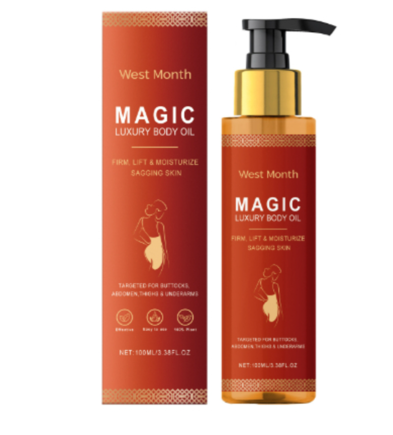 Glass bottle of body oil with a dropper beside moisturized skin