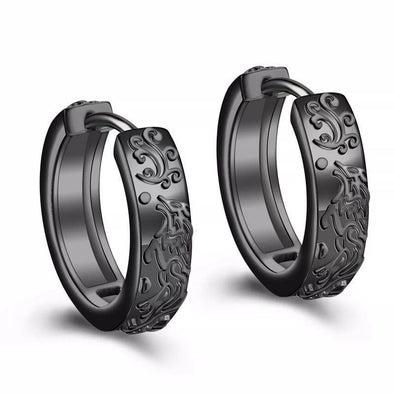 Black Wolf Silver Hoop Earrings