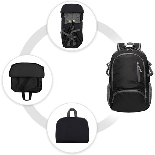 Foldable 35L ultralight backpack folded flat beside travel gear