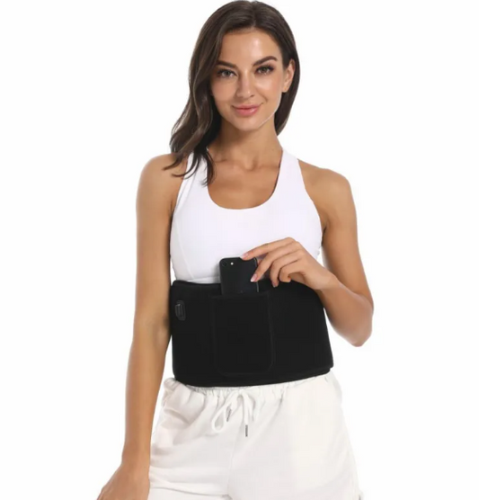 LED infrared therapy belt wrapped around a model's lower back