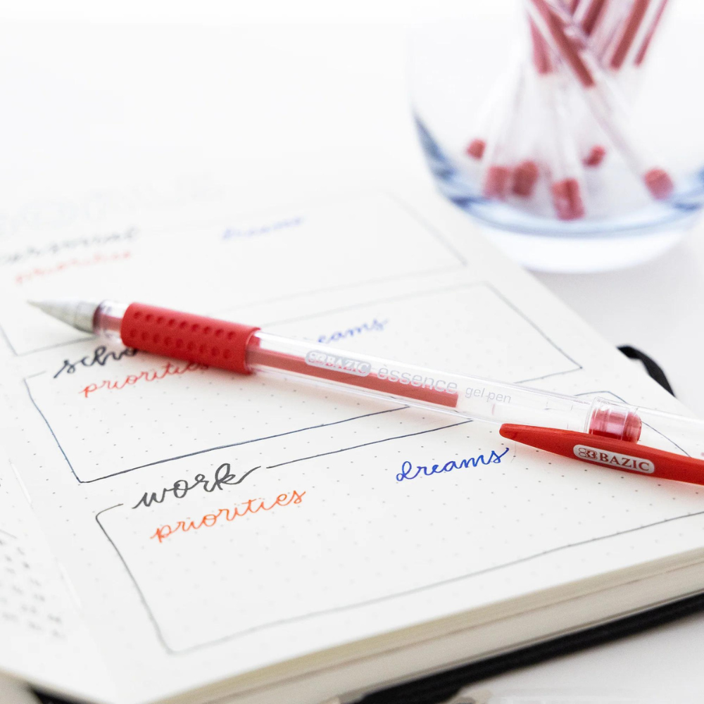 Box of red gel pens with cushion grips arranged on a white surface