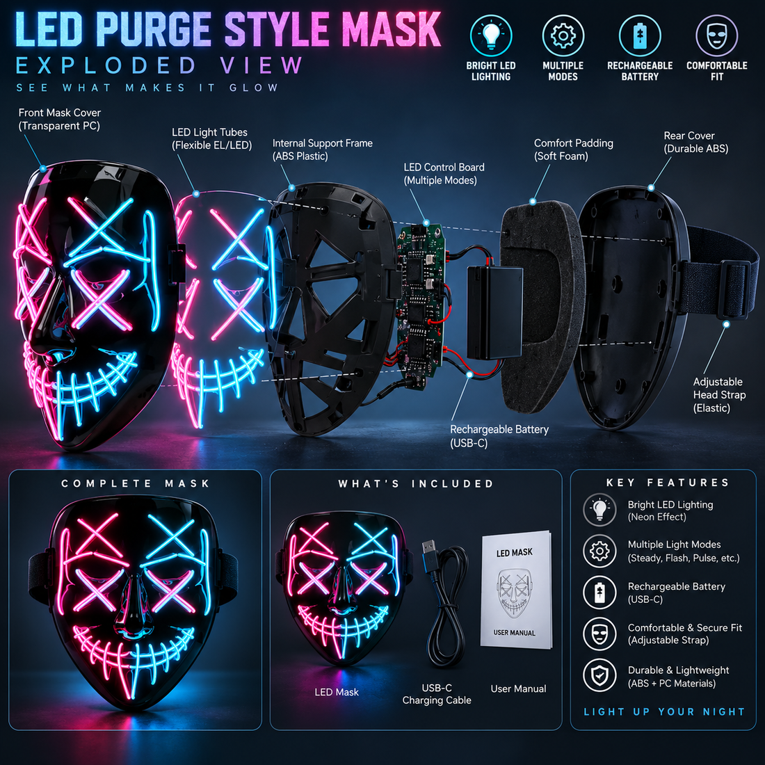 Wireless Neon LED Halloween Mask with 10 Light Colors