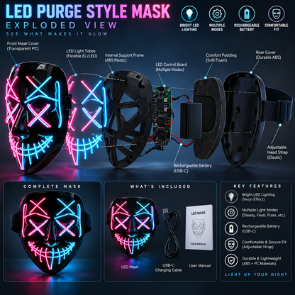 Wireless Neon LED Halloween Mask with 10 Light Colors
