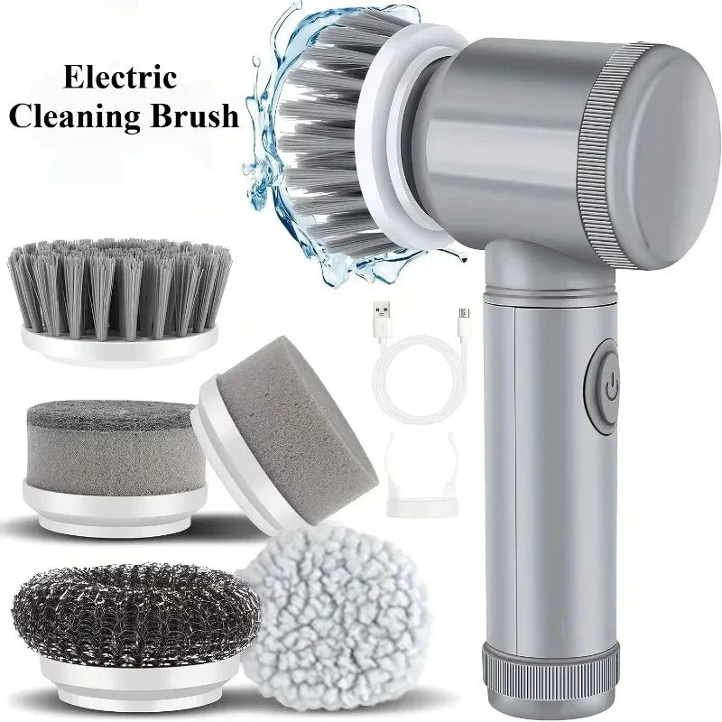 Cordless electric spin scrubber with five interchangeable brush heads on tile