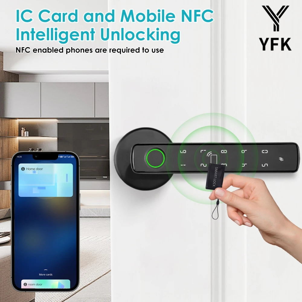 YFK Tuya 5‑in‑1 Smart Door Handle Lock — Bluetooth & Fingerprint