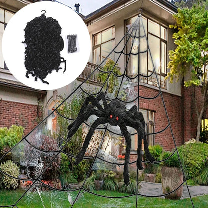 Spider web decoration shown with Halloween props