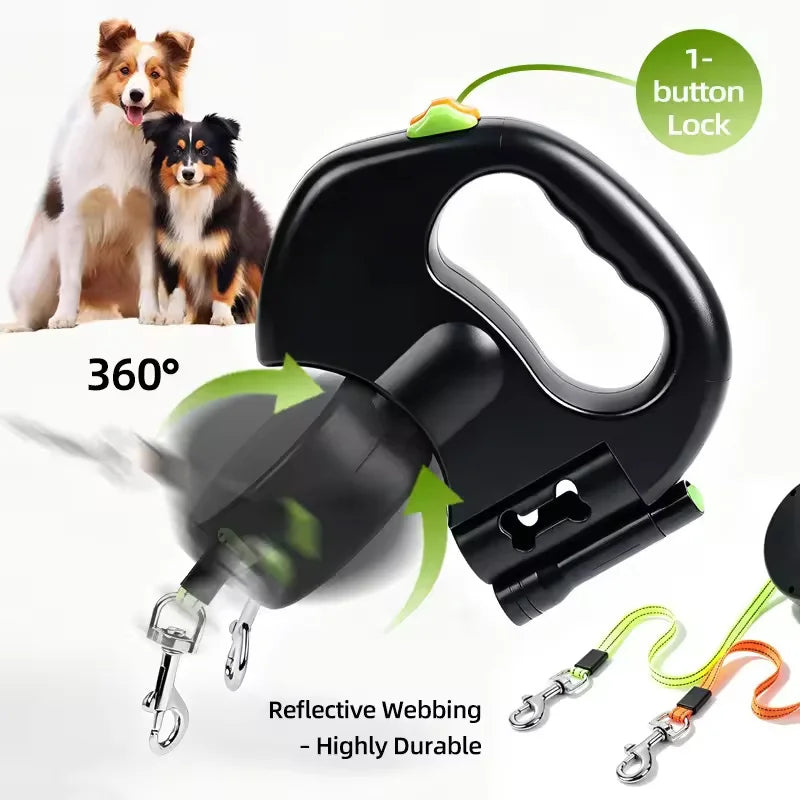 Dual Dog Leash Retractable 2 in 1 Tangle Free Double Dog Walking Lead with Poop Bag Dispenser for Medium Dogs