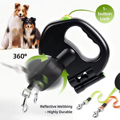 Dual Dog Leash Retractable 2 in 1 Tangle Free Double Dog Walking Lead with Poop Bag Dispenser for Medium Dogs