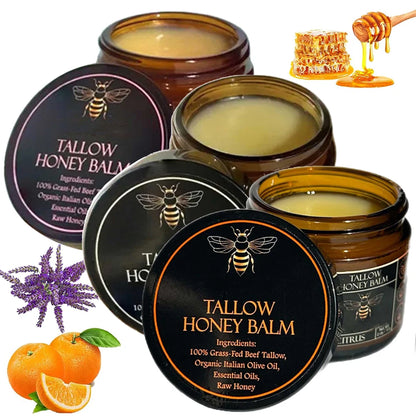 Small tin of grass-fed beef tallow and raw honey moisturizing balm on a wooden surface