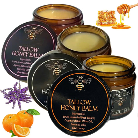 Small tin of grass-fed beef tallow and raw honey moisturizing balm on a wooden surface