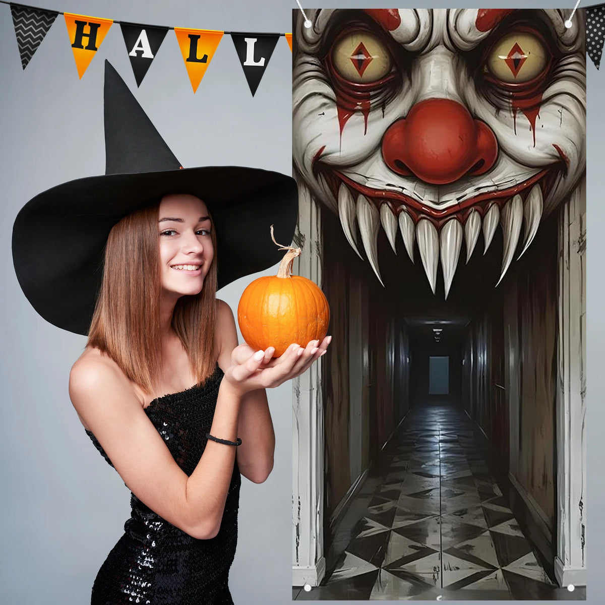 Full view of spooky witch and zombie door cover on a door