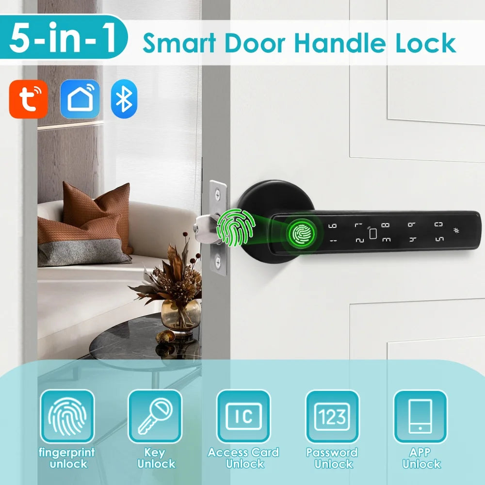 YFK Tuya 5‑in‑1 Smart Door Handle Lock — Bluetooth & Fingerprint