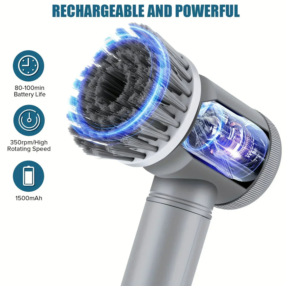 Cordless electric spin scrubber with five interchangeable brush heads on tile