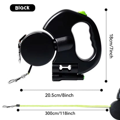 Dual Dog Leash Retractable 2 in 1 Tangle Free Double Dog Walking Lead with Poop Bag Dispenser for Medium Dogs