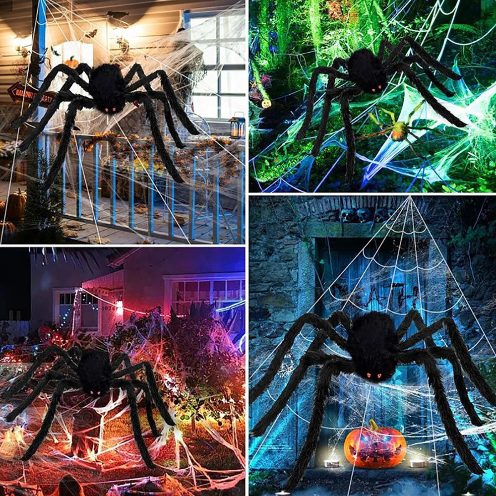 Multiple spider web panels creating a haunted scene