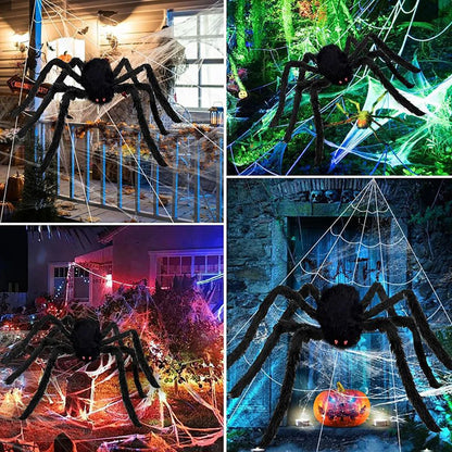 Multiple spider web panels creating a haunted scene