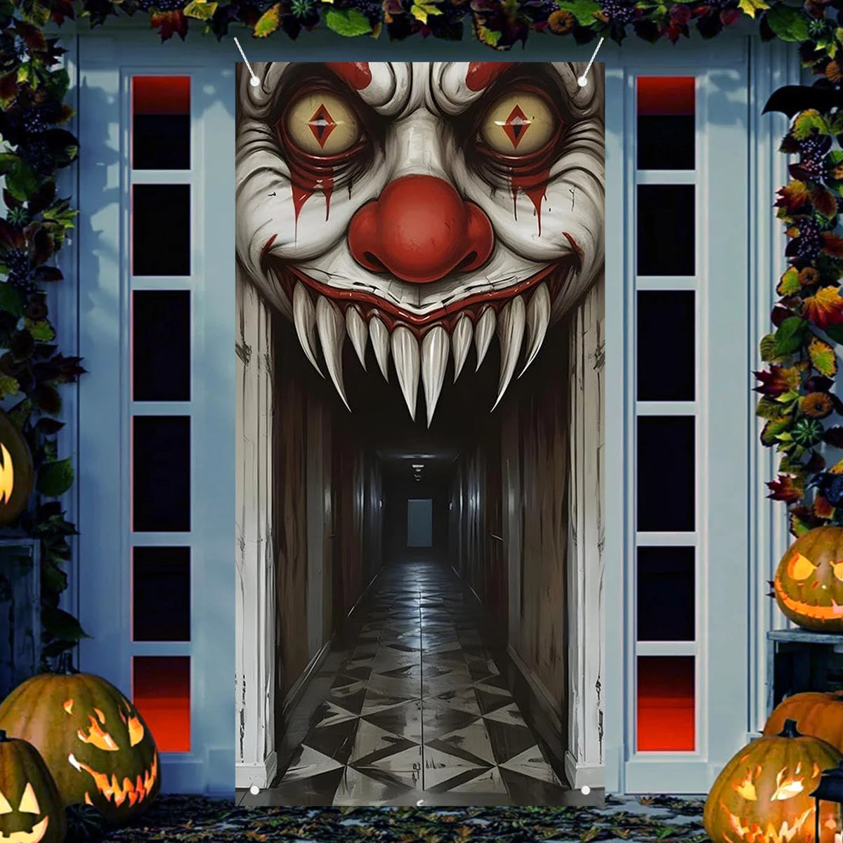 Door cover displayed on porch for Halloween decoration