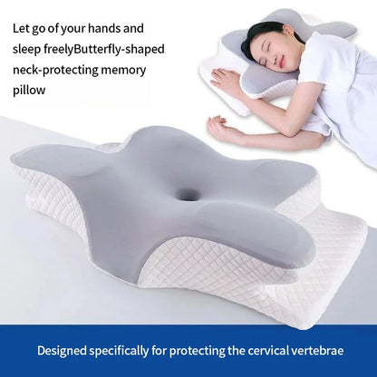 Cooling memory foam cervical pillow with contoured shape on white background