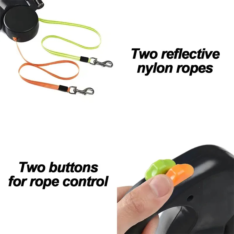 Dual Dog Leash Retractable 2 in 1 Tangle Free Double Dog Walking Lead with Poop Bag Dispenser for Medium Dogs