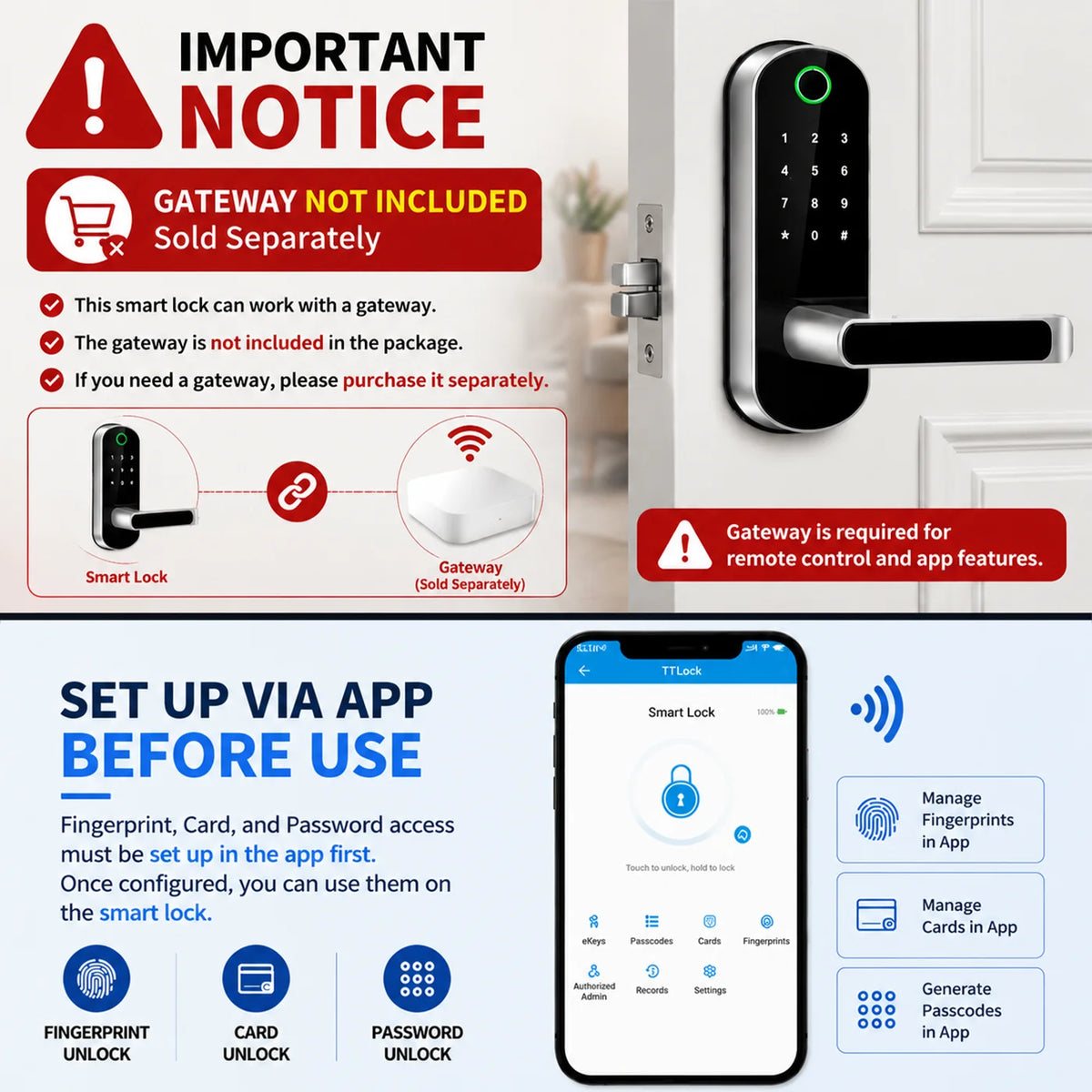 Smart Fingerprint Door Lock App Remote Control Keyless WIFI Digital Touchscreen Lock
