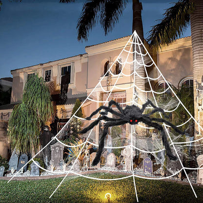 Spider web stretched between trees for haunted display
