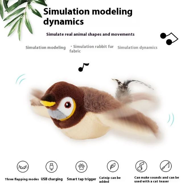Flapping bird cat toy attached to a base with a cat pawing at it