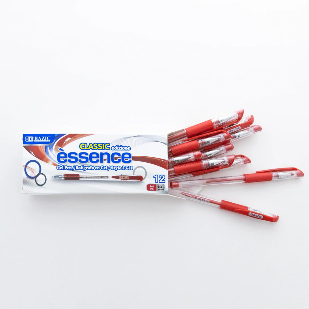 Box of red gel pens with cushion grips arranged on a white surface