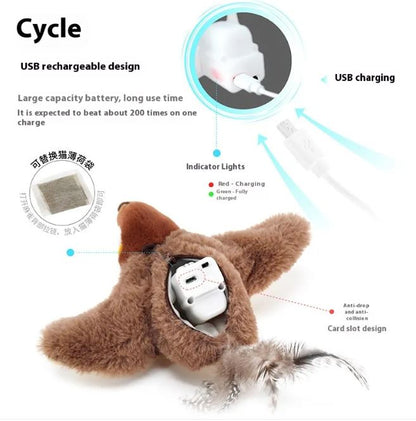 Flapping bird cat toy attached to a base with a cat pawing at it