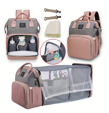 Large-capacity mommy bag open to show multiple interior pockets