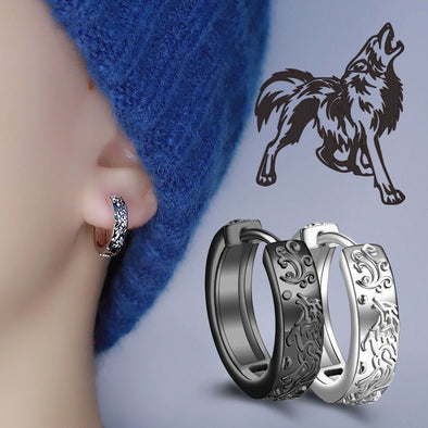 Black Wolf Silver Hoop Earrings